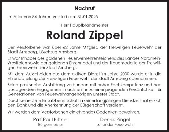 Traueranzeige von Roland Zippel von Tageszeitung