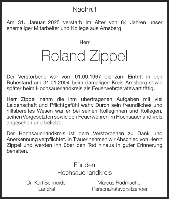 Traueranzeige von Roland Zippel von Tageszeitung