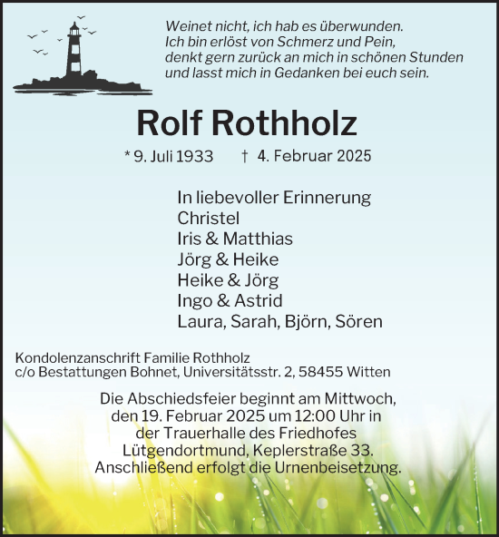 Traueranzeige von Rolf Rothholz von Tageszeitung