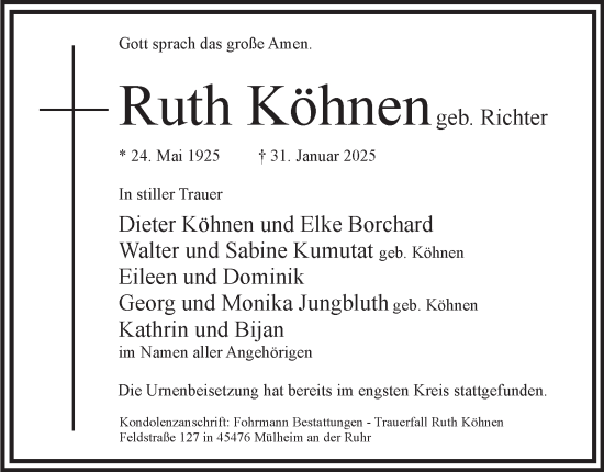 Traueranzeige von Ruth Köhnen von Tageszeitung
