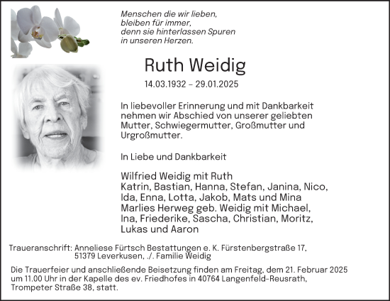 Traueranzeige von Ruth Weidig von Tageszeitung