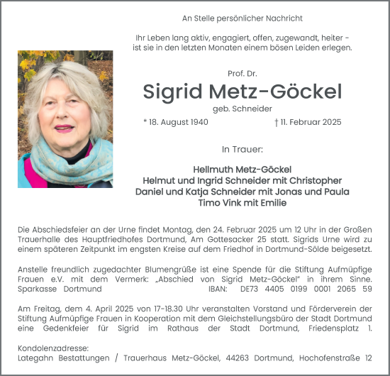 Traueranzeige von Sigrid Metz-Göckel von Tageszeitung