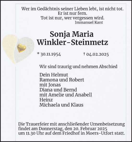 Traueranzeige von Sonja Maria Winkler-Steinmetz von Tageszeitung