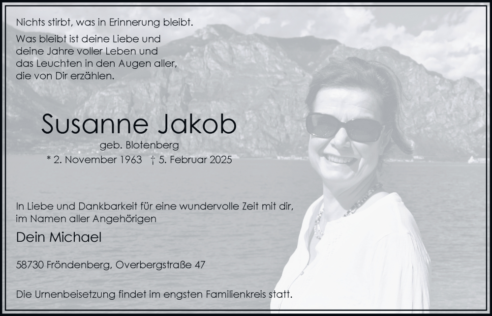  Traueranzeige für Susanne Jakob vom 22.02.2025 aus Tageszeitung