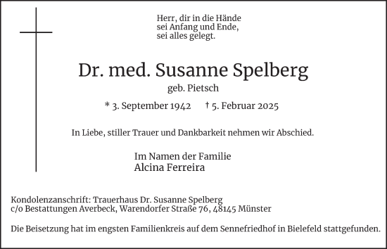 Traueranzeige von Susanne Spelberg von Tageszeitung