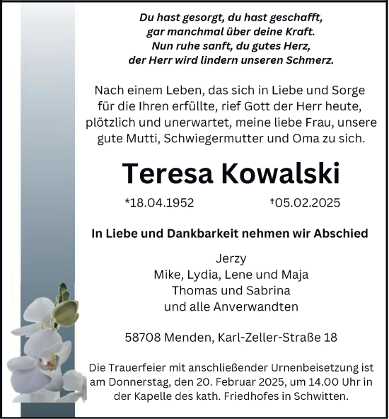 Traueranzeige von Teresa Kowalski von Tageszeitung