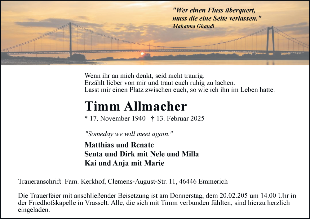  Traueranzeige für Timm Allmacher vom 15.02.2025 aus Tageszeitung