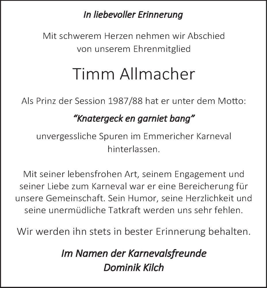  Traueranzeige für Timm Allmacher vom 22.02.2025 aus Tageszeitung