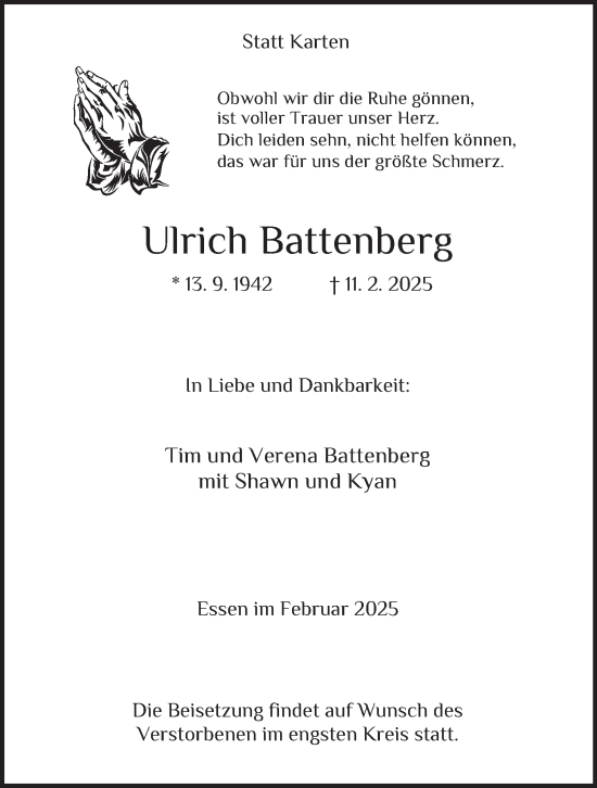 Traueranzeige von Ulrich Battenberg von Tageszeitung