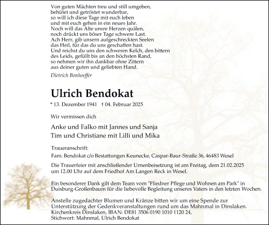 Traueranzeige von Ulrich Bendokat von Tageszeitung