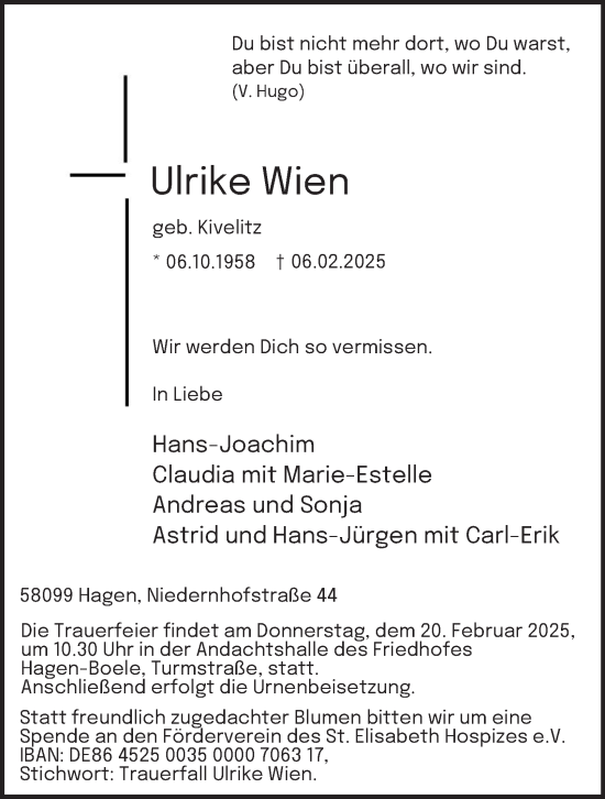 Traueranzeige von Ulrike Wien von Tageszeitung