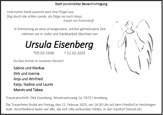 Traueranzeige von Ursula Eisenberg von Tageszeitung