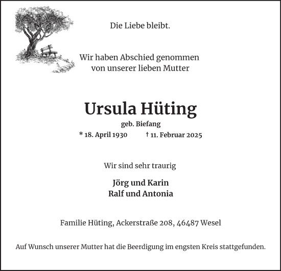 Traueranzeige von Ursula Hüting von Tageszeitung