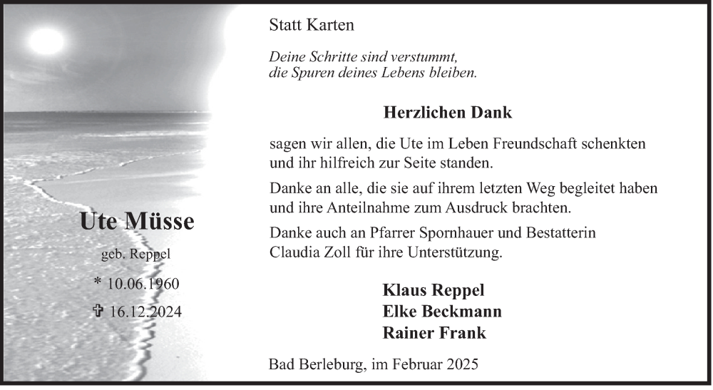  Traueranzeige für Ute Müsse vom 15.02.2025 aus Tageszeitung