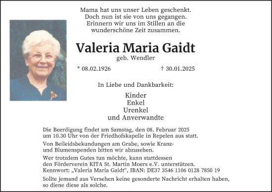 Traueranzeige von Valeria Maria Gaidt von Tageszeitung