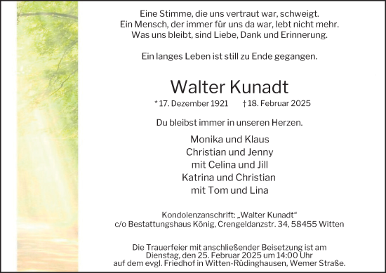 Traueranzeige von Walter Kunadt von Tageszeitung