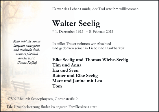 Traueranzeige von Walter Seelig von Tageszeitung