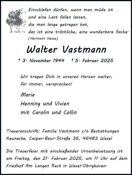 Traueranzeige von Walter Vastmann von Tageszeitung