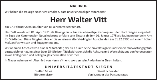 Traueranzeige von Walter Vitt von Tageszeitung