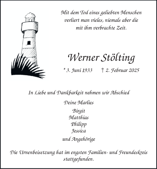 Traueranzeige von Werner Stölting von Tageszeitung
