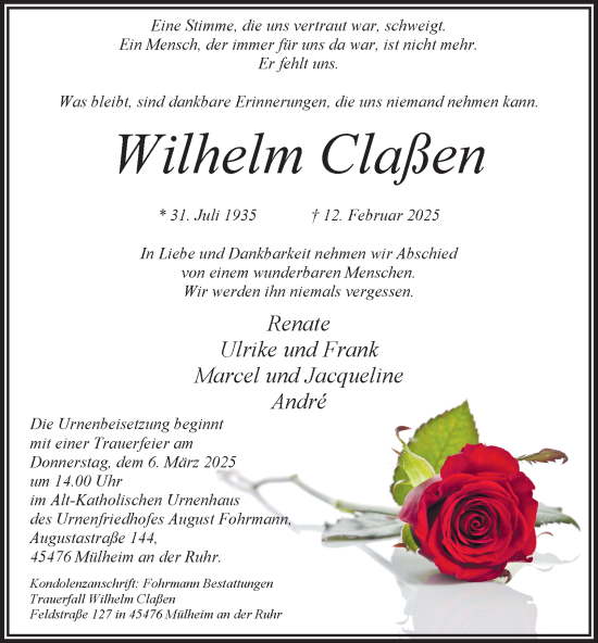 Traueranzeige von Wilhelm Claßen von Tageszeitung