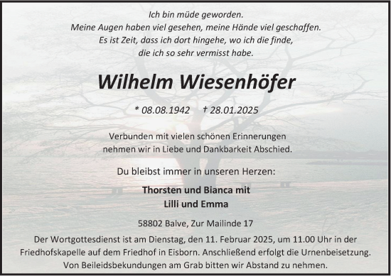 Traueranzeige von Wilhelm Wiesenhöfer von Tageszeitung