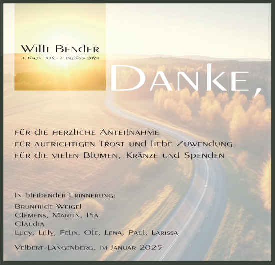 Traueranzeige von Willi Bender von Tageszeitung