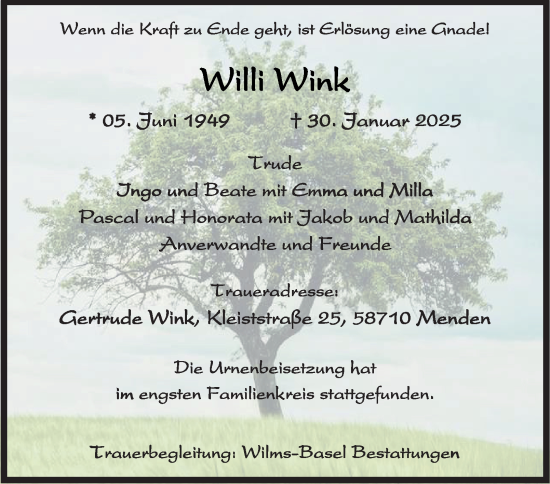 Traueranzeige von Willi Wink von Tageszeitung