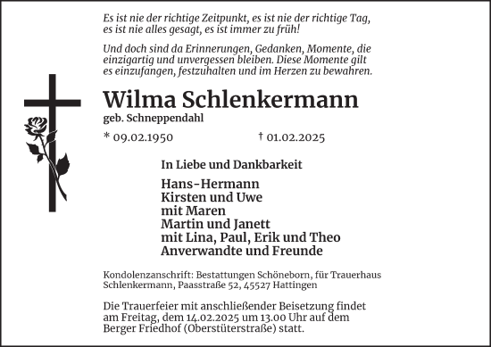 Traueranzeige von Wilma Schlenkermann von Tageszeitung