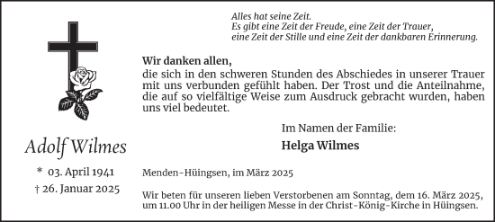 Traueranzeige von Adolf Wilmes von Tageszeitung