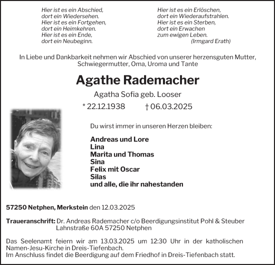 Traueranzeige von Agathe Rademacher von Tageszeitung