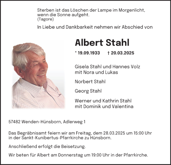 Traueranzeige von Albert Stahl von Tageszeitung