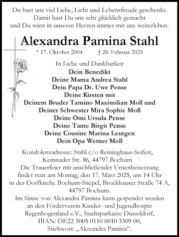  Traueranzeige für Alexandra Pamina Stahl vom 12.03.2025 aus Tageszeitung