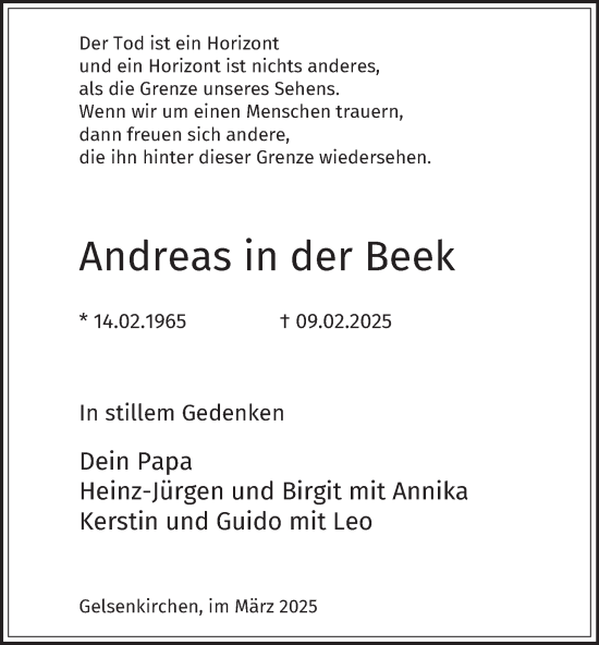 Traueranzeige von Andreas in der Beek von Tageszeitung