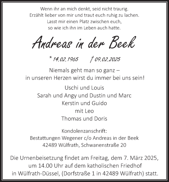 Traueranzeige von Andreas in der Beek von Tageszeitung