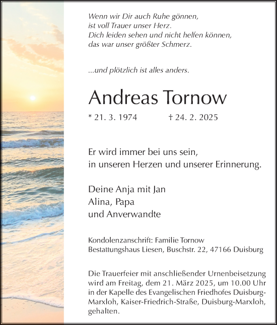Traueranzeige von Andreas Tornow von Tageszeitung