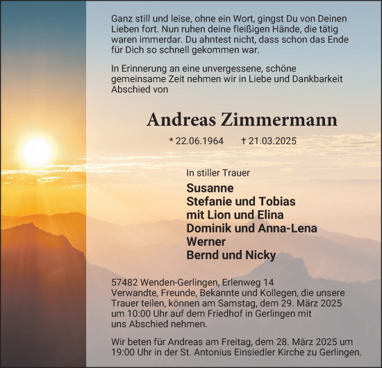 Traueranzeige von Andreas Zimmermann von Tageszeitung