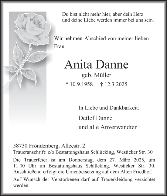 Traueranzeige von Anita Danne von Tageszeitung