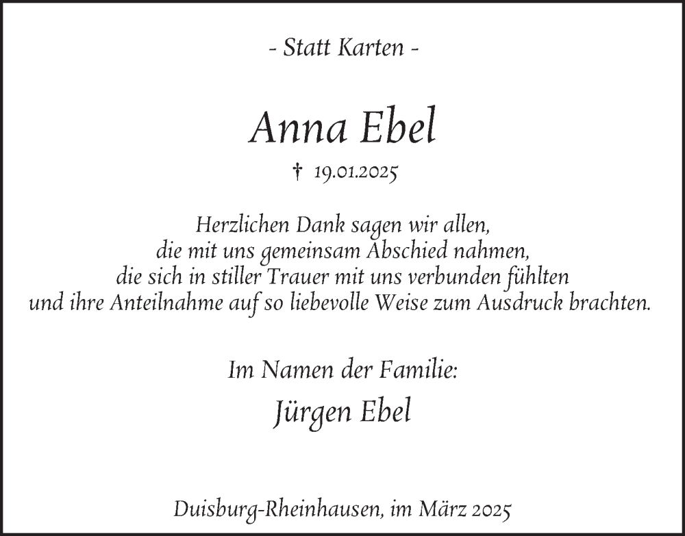  Traueranzeige für Anna Ebel vom 15.03.2025 aus Tageszeitung