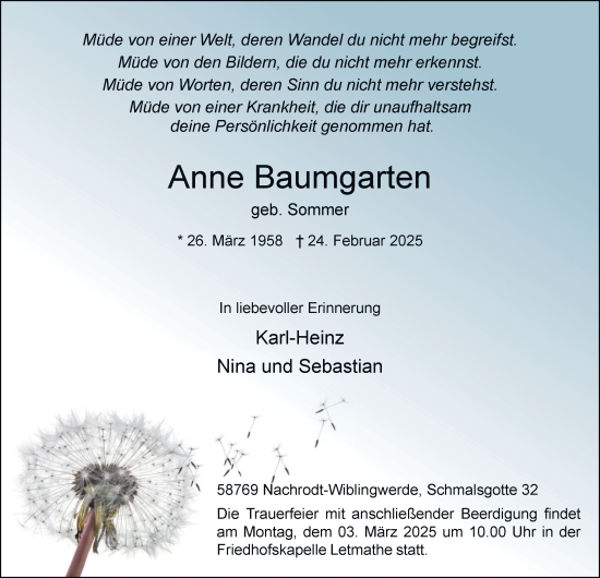 Traueranzeige von Anne Baumgarten von Tageszeitung
