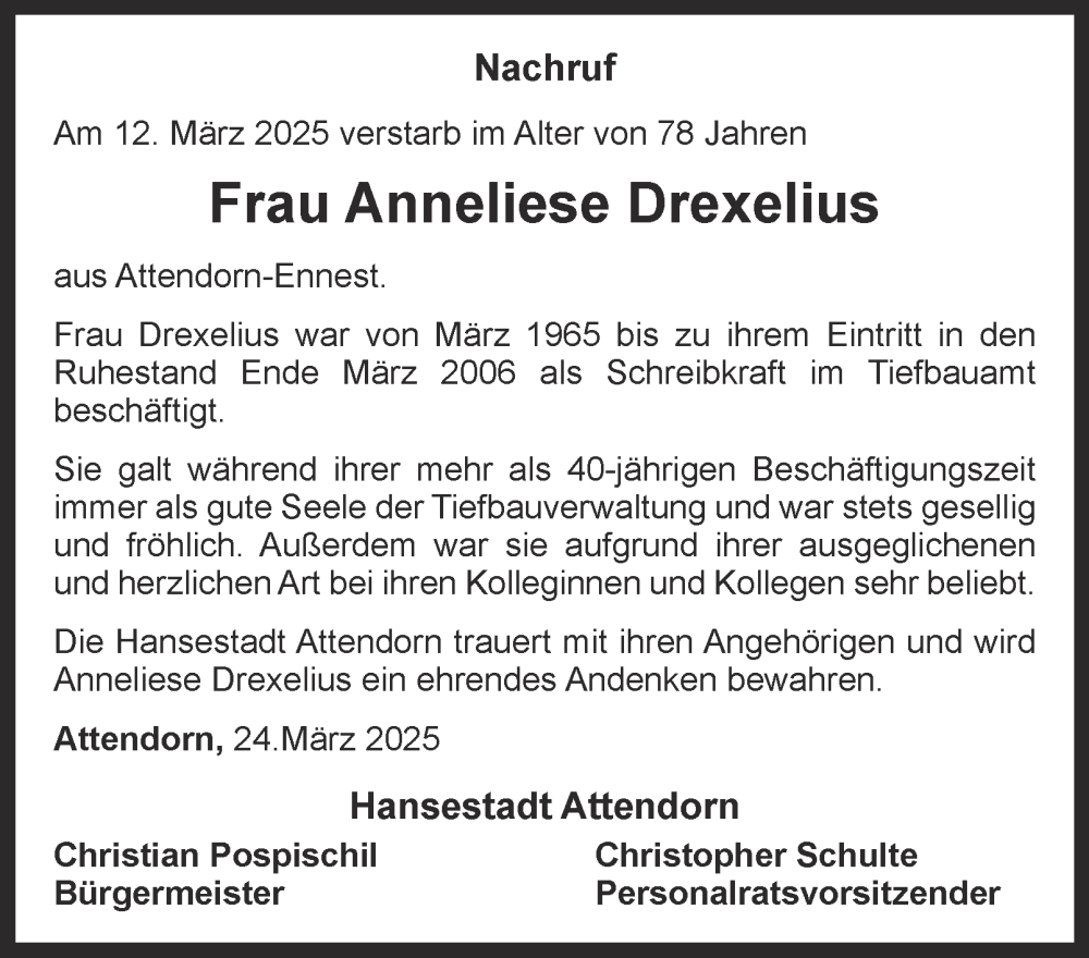  Traueranzeige für Anneliese Drexelius vom 29.03.2025 aus Tageszeitung