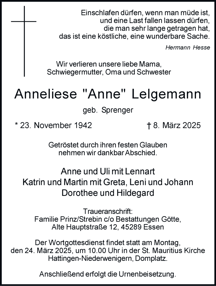 Traueranzeige für Anneliese Lelgemann vom 15.03.2025 aus Tageszeitung
