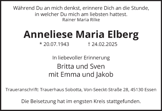 Traueranzeige von Anneliese Maria Elberg von Tageszeitung