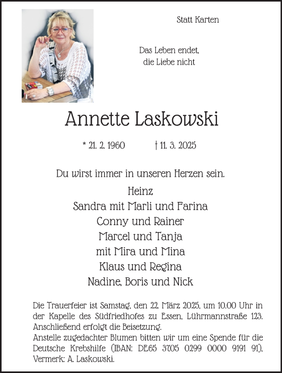 Traueranzeige von Annette Laskowski von Tageszeitung