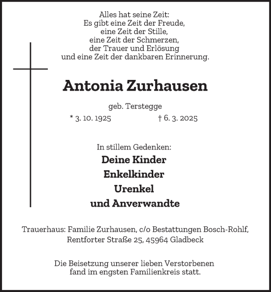 Traueranzeige von Antonia Zurhausen von Tageszeitung