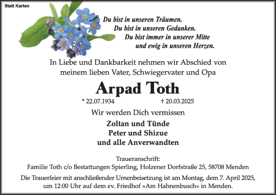 Traueranzeige von Arpad Toth von Tageszeitung