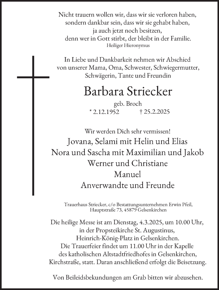  Traueranzeige für Barbara Striecker vom 01.03.2025 aus Tageszeitung