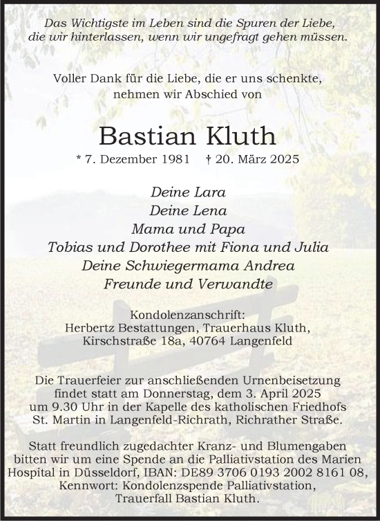 Traueranzeige von Bastian Kluth von Tageszeitung