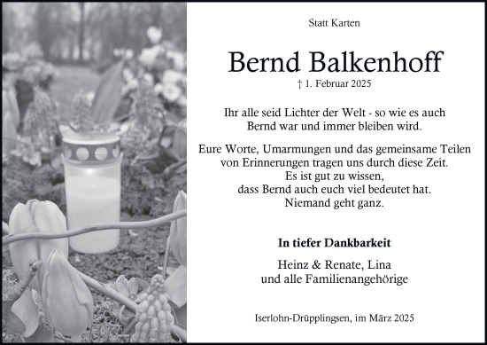 Traueranzeige von Bernd Balkenhoff von Tageszeitung