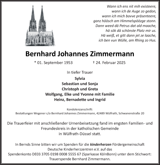 Traueranzeige von Bernhard Zimmermann von Tageszeitung